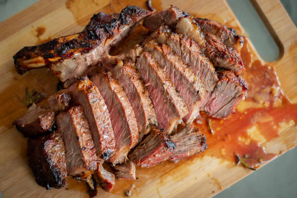 Chopped steak on a cutting board