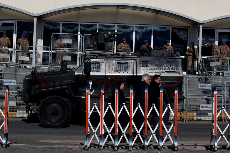 Turkish soldiers stand guard outside a courtroom at the Silivri Prison and Courthouse complex in Silivri near Istanbul