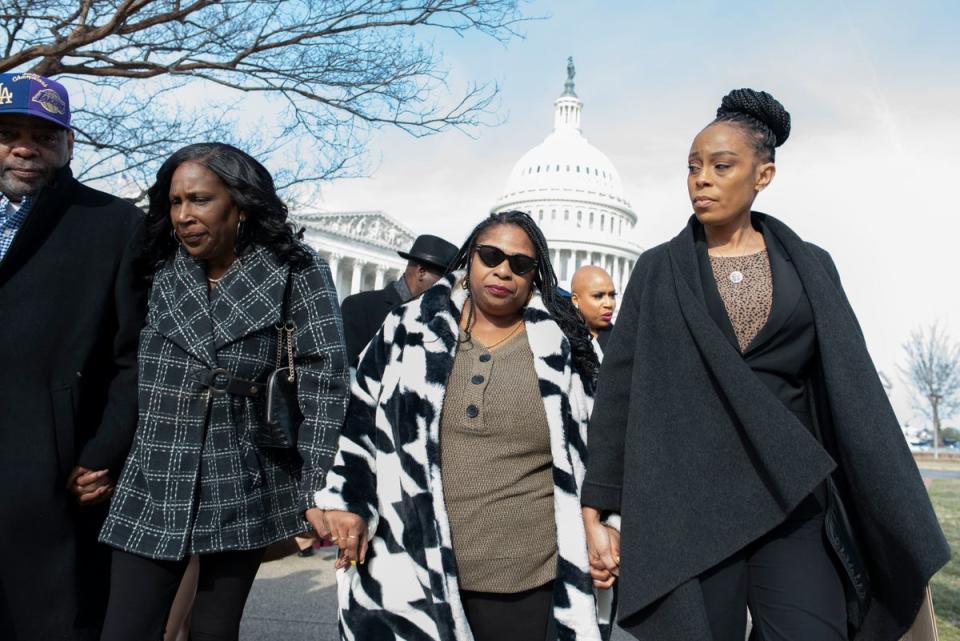 RowVaughn Wells, left, mother of Tyre Nichols, and Samaria Rice, the mother of Tamir Rice, meet with lawmakers in Washington DC on 7 February. (AP)