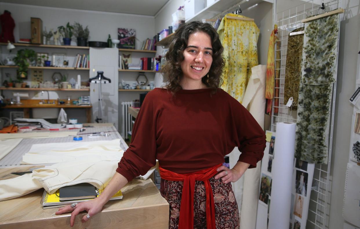 Laura Bavlnka, owner of Bavlnka Atelier at 5209 W. North Ave. in Milwaukee on Thursday, Jan. 19, 2023. Bavlnka specializes in naturally dyeing textiles, elaborate alterations, creating jewelry and is starting a new clothing collections.