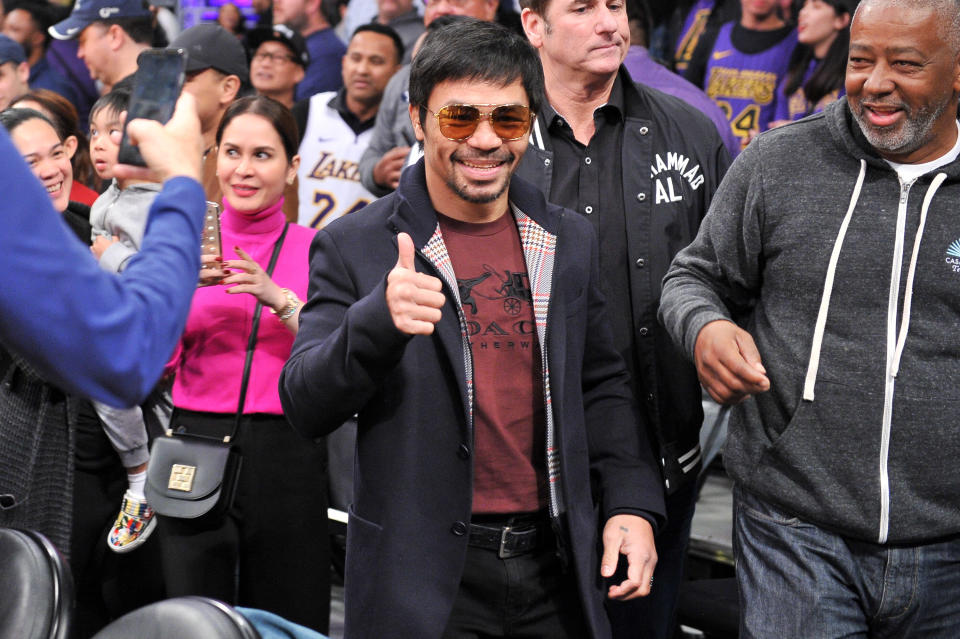 LOS ANGELES, CALIFORNIA - JANUARY 21: Manny Pacquiao attends a basketball game between the Los Angeles Lakers and the Golden State Warriors at Staples Center on January 21, 2019 in Los Angeles, California. (Photo by Allen Berezovsky/Getty Images)