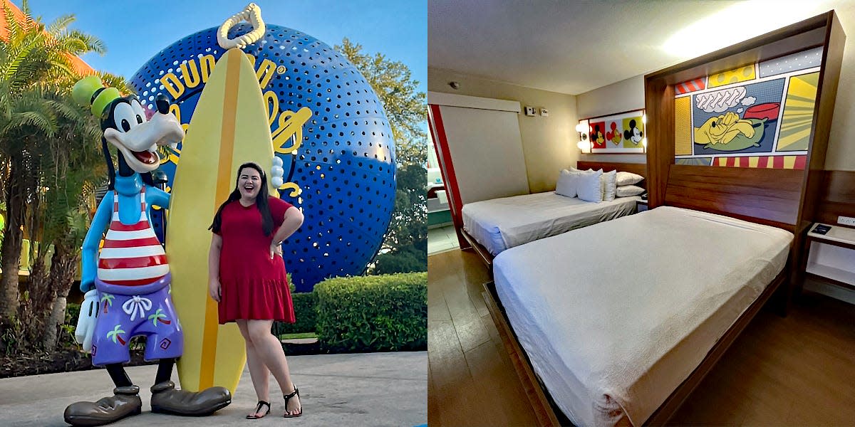 Megan posing with a goofy statue at pop century and a room at pop century