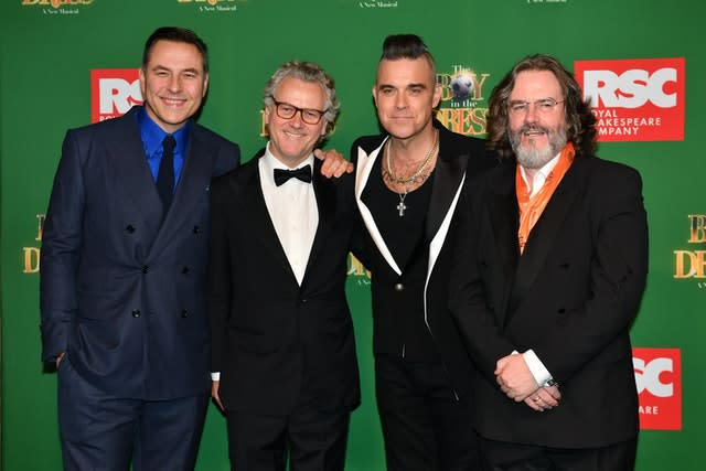 David Walliams, Guy Chambers, Robbie Williams and Gregory Doran attending the opening night of the Boy In The Dress at the Royal Shakespeare Company in Stratford Upon Avon