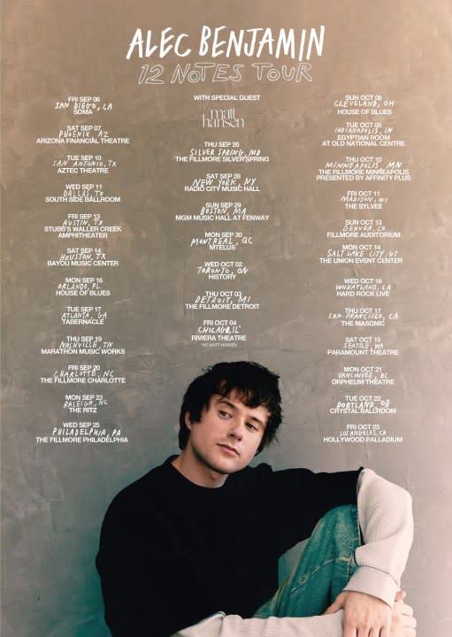 Alec Benjamin, a multi-platinum singer-songwriter, announced a concert in Salt Lake City on his 31-city tour of North America. He will be supported by Matt Hansen. (Navier Grimes)