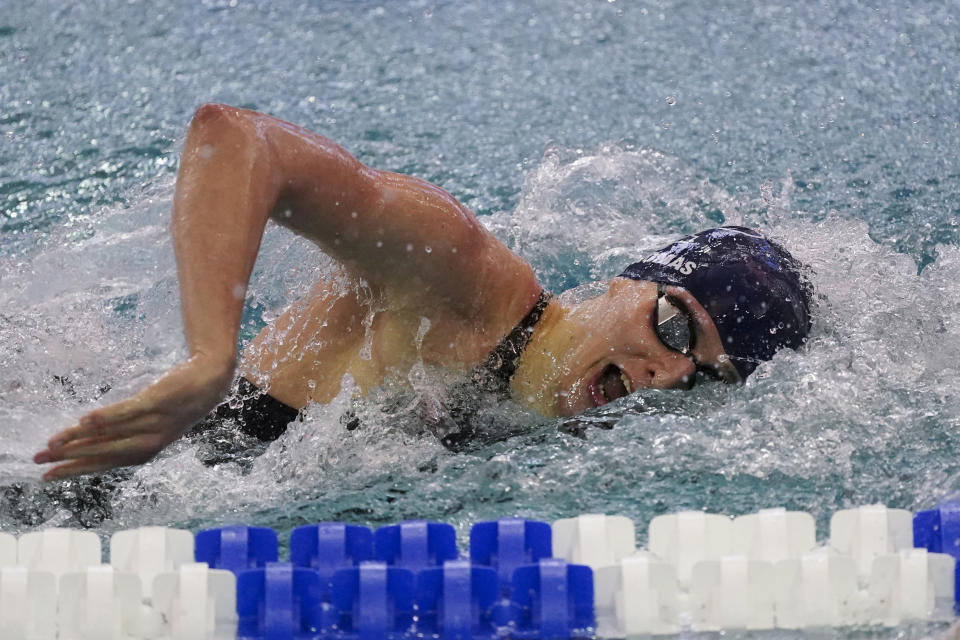 Pennsylvania's Lia Thomas competes in the 200 freestyle final at the NCAA swimming and diving championships Friday, March 18, 2022, at Georgia Tech in Atlanta. (AP Photo/John Bazemore)