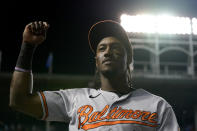 Baltimore Orioles' Jorge Mateo gestures toward Orioles' fans after the team's 7-1 win over the Chicago Cubs, Baltimore's 10th win in a row, after a baseball game Wednesday, July 13, 2022, in Chicago. (AP Photo/Charles Rex Arbogast)
