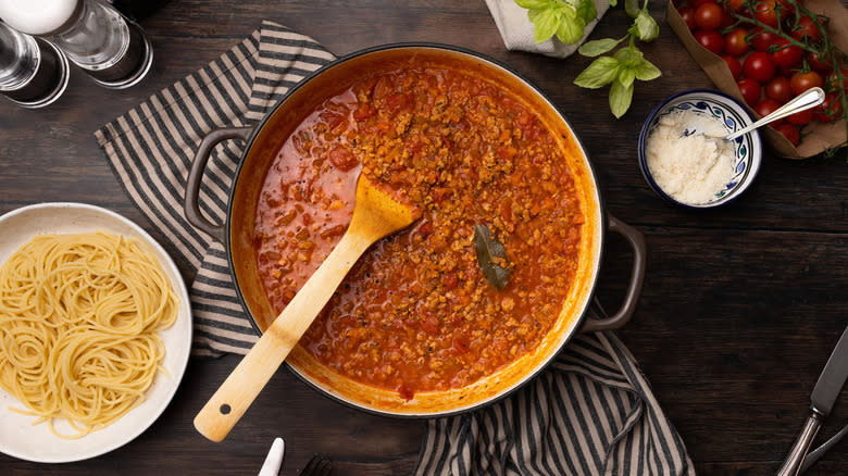 turkey bolognese sauce in skillet