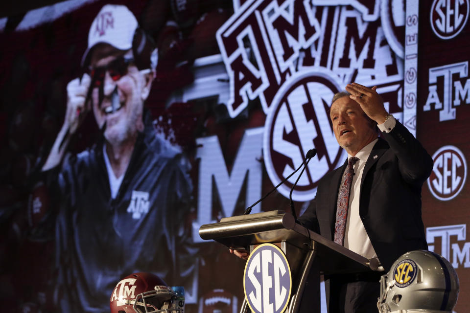 Texas A&M head coach Jimbo Fisher speaks to reporters during an NCAA college football news conference at the Southeastern Conference media days, Wednesday, July 21, 2021, in Hoover, Ala. (AP Photo/Butch Dill)