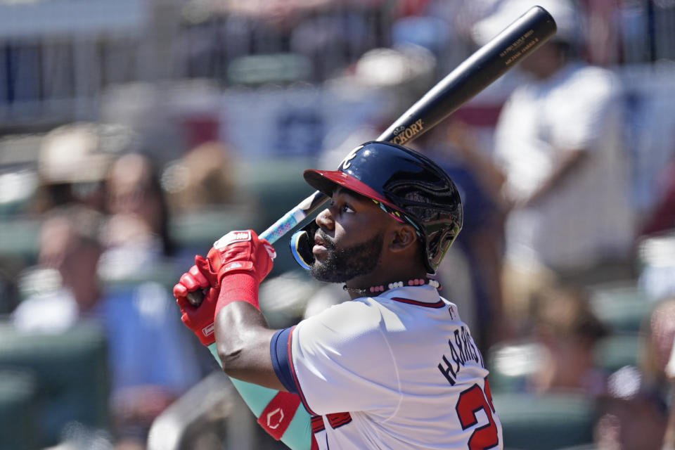 Atlanta Braves' Michael Harris II watches his solo home run in the fourth inning of a baseball game against the Arizona Diamondbacks Sunday, April 7, 2024, in Atlanta. (AP Photo/John Bazemore)