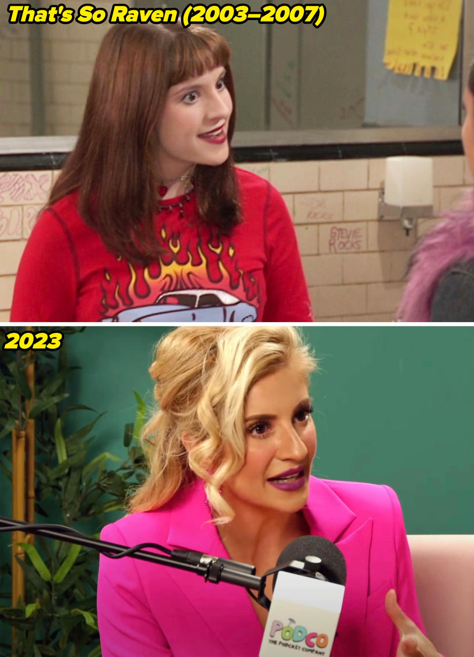 Anneliese in That's So Raven from 2003–2007 and being interviewed in 2023