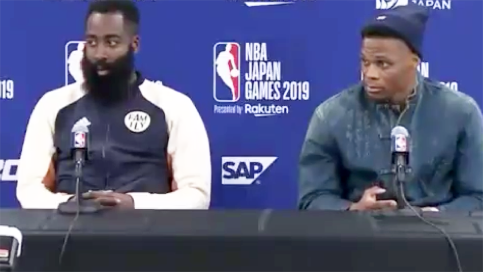 James Harden and Russell Westbrook, pictured here at the press conference.