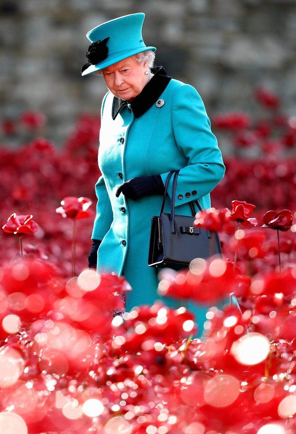 Queen Elizabeth visits a World War I memorial poppy installation at the Tower of London