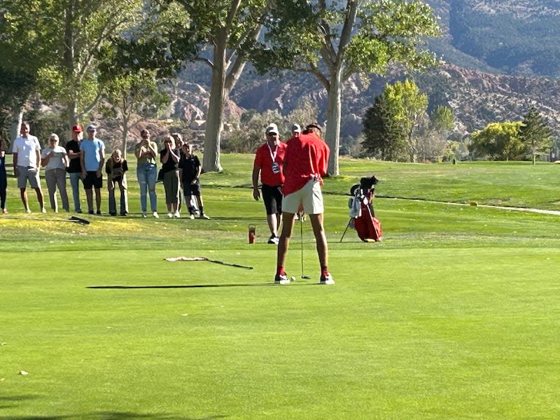 Gunner Sorensen of South Sevier makes the winning putt to earn overall medalist honors at 2A boys golf state championship, Cedar Ridge Golf Course, Cedar City, Utah, Oct. 9, 2024