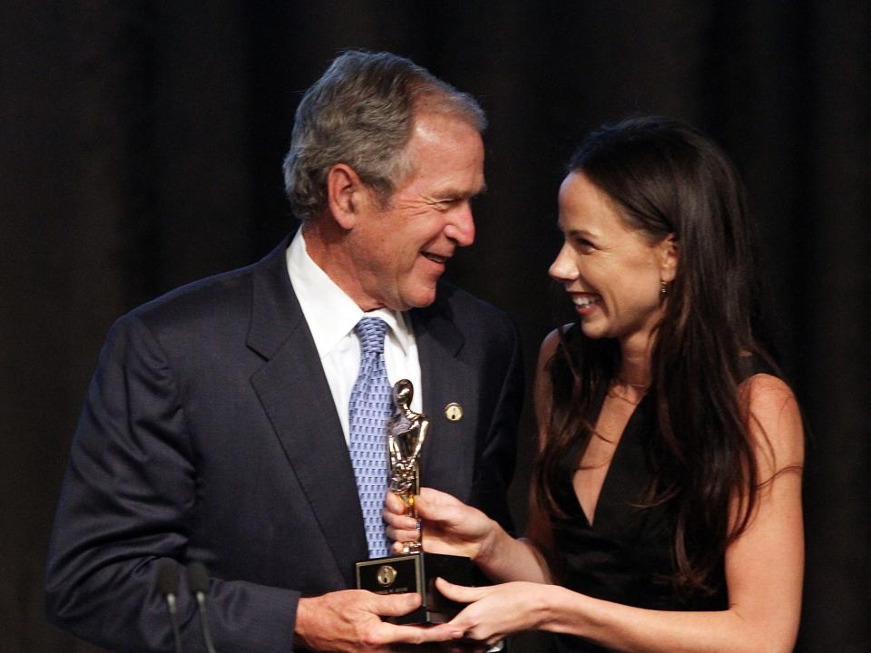 George W. Bush and his daughter Barbara Bush at the 2015 Father of the Year Luncheon Awards in 2015.