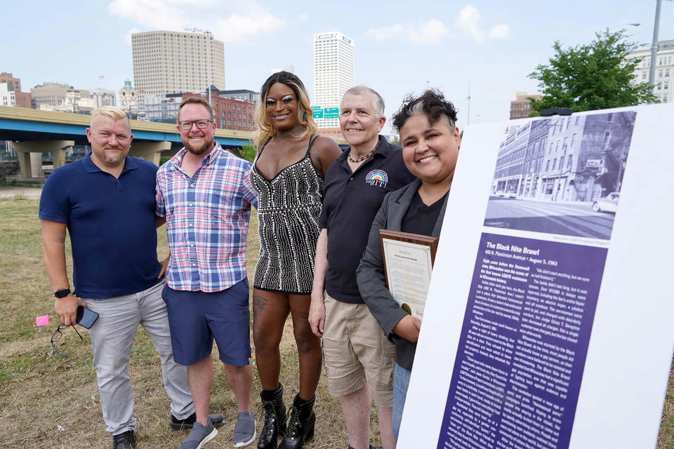 Michail Takach, left, of the Wisconsin LGBTQ History Project; Dr. Brice Smith, second from left, of the Wisconsin Transgender Oral History Project; Elle Halo, center, of Diverse & Resilient; Don Schwamb, second from right, of the Wisconsin LGBTQ History Project; and Jocasta Zamarripa, right, of the Milwaukee Common Council. (Wisconsin LGBTQ History Project)