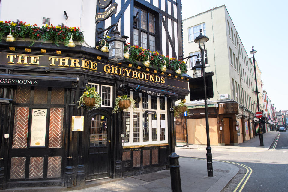 Empty streets and closed pubs and bars on Old Compton Street in Soho, London, as the UK continues in lockdown to help curb the spread of the coronavirus. Picture date: Thursday April 9, 2020. Photo credit should read: Matt Crossick/Empics