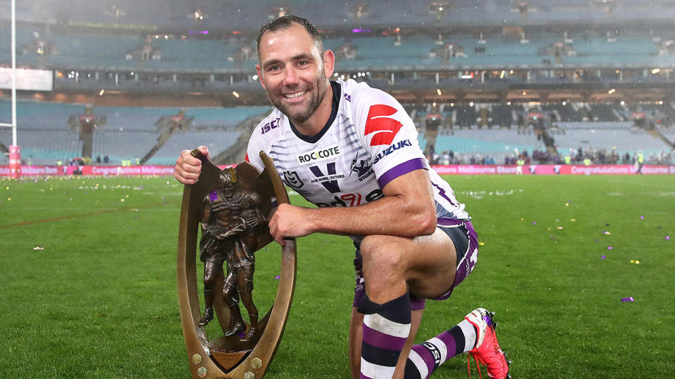 Seen here, Cam Smith poses with the 2020 NRL premiership trophy.