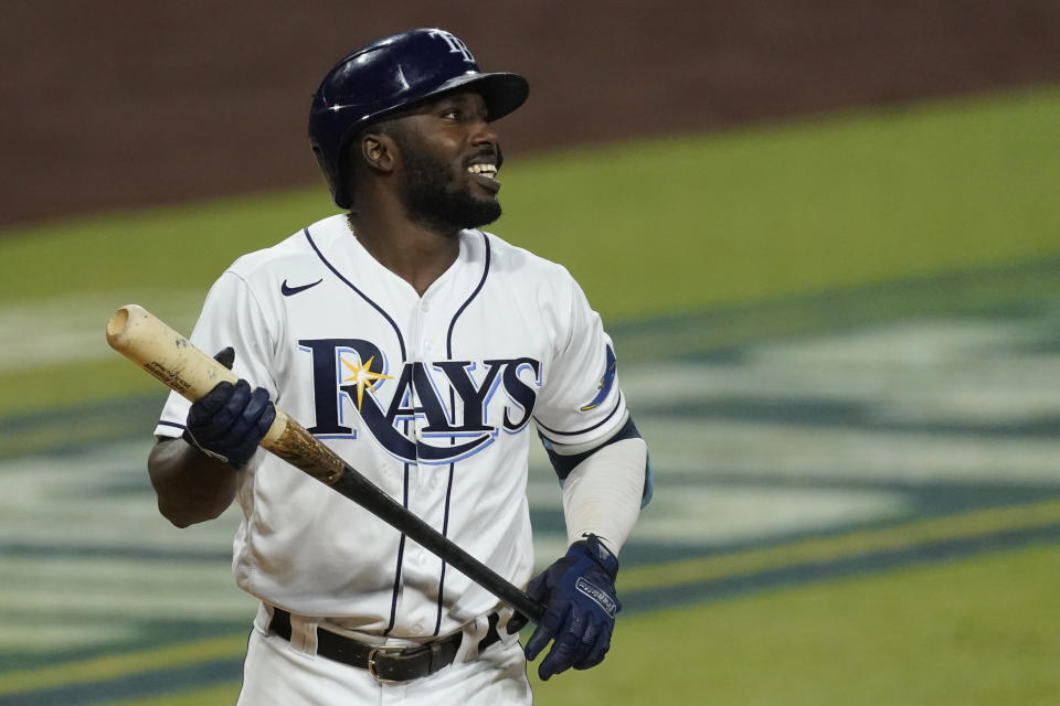 Tampa Bay Rays Randy Arozarena reacts after striking out during the fifth inning in Game 7 of a baseball American League Championship Series against the Houston Astros, Saturday, Oct. 17, 2020, in San Diego. (AP Photo/Ashley Landis)