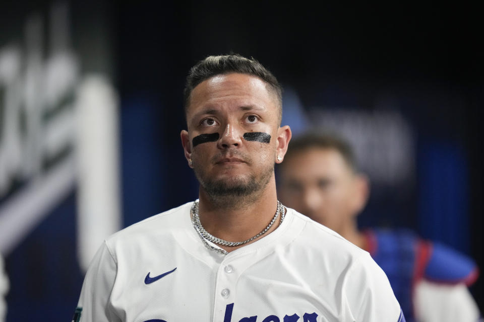 Los Angeles Dodgers' Miguel Rojas look at the scoreboard during the firth inning of the exhibition game between Team Korea and the Los Angeles Dodgers at the Gocheok Sky Dome in Seoul, South Korea, Monday, March 18, 2024. (AP Photo/Ahn Young-Joon)