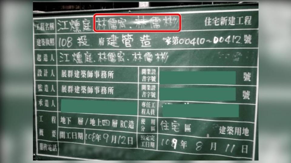 黃建嘉爆料，國民黨候選人林明溱兒子林儒彬在2019年擔任縣長特助期間，同時擔任豪宅建案的起造人。（圖/民進黨提供）