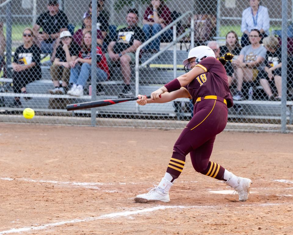 Dripping Springs' Haiden Anderson connects for a hit during last Friday's 11-1 win over Round Rock in their bi-district playoff matchup. The Tigers swept the Dragons in two games to advance to this week's Class 6A area playoff round.