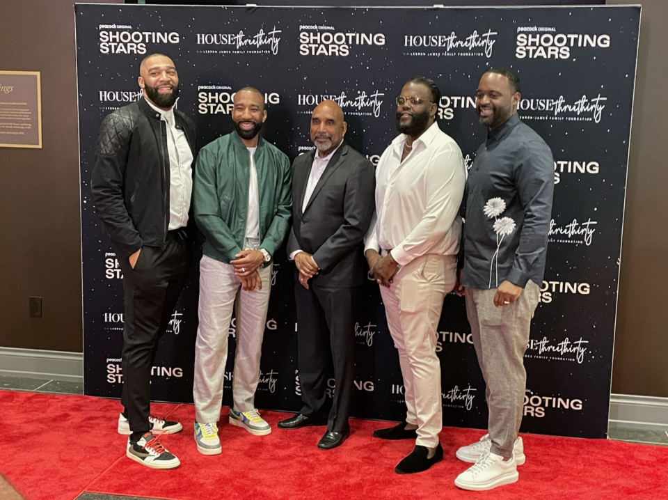 Romeo Travis, Dru Joyce III, Dru Joyce II, Sian Cotton and Willie McGee (left to right) on the red carpet for the premiere of the "Shooting Stars" movie at House Three Thirty in Akron.