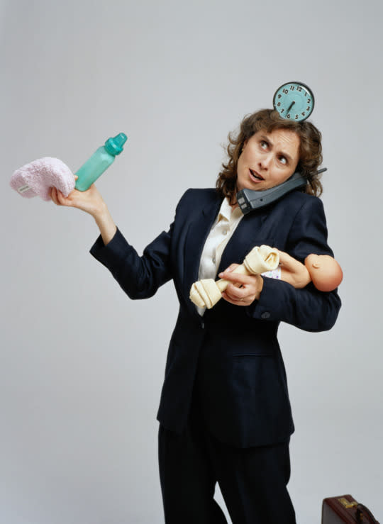 Search for “busy moms” on any stock photography website and you’ll find a buttoned-up woman juggling all the various aspects of her life — literally. This working mother is so busy that she doesn’t have time to buy a smartphone.