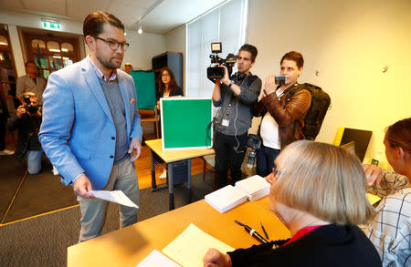 Sweden Democrats party leader Jimmie Akesson at a polling station during a general election, in Stockholm, Sweden September 9, 2018. REUTERS/Ints Kalnins