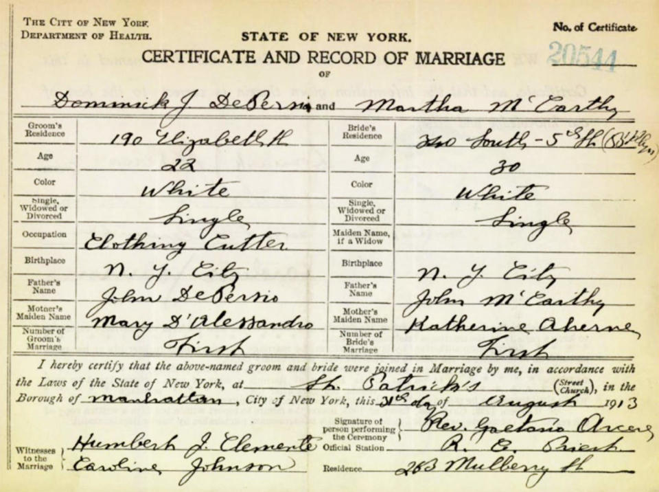A marriage certificate shows that Elaine Hendrix's great-grandfather lived on Elizabeth St. in New York City. (New York City Municipal Archives)