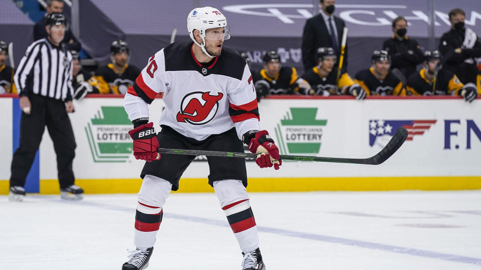 PITTSBURGH, PA - MARCH 21: New Jersey Devils Defenseman Dmitry Kulikov (70) skates during the second period in the NHL game between the Pittsburgh Penguins and the New Jersey Devils on March 21, 2021, at PPG Paints Arena in Pittsburgh, PA. (Photo by Jeanine Leech/Icon Sportswire via Getty Images)