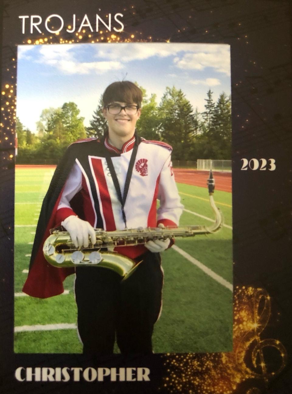 Christopher Gallaher is shown in his 2023 Monroe High School Trojan Band photo. Gallaher was recently diagnosed with cancer and had to leave the band.