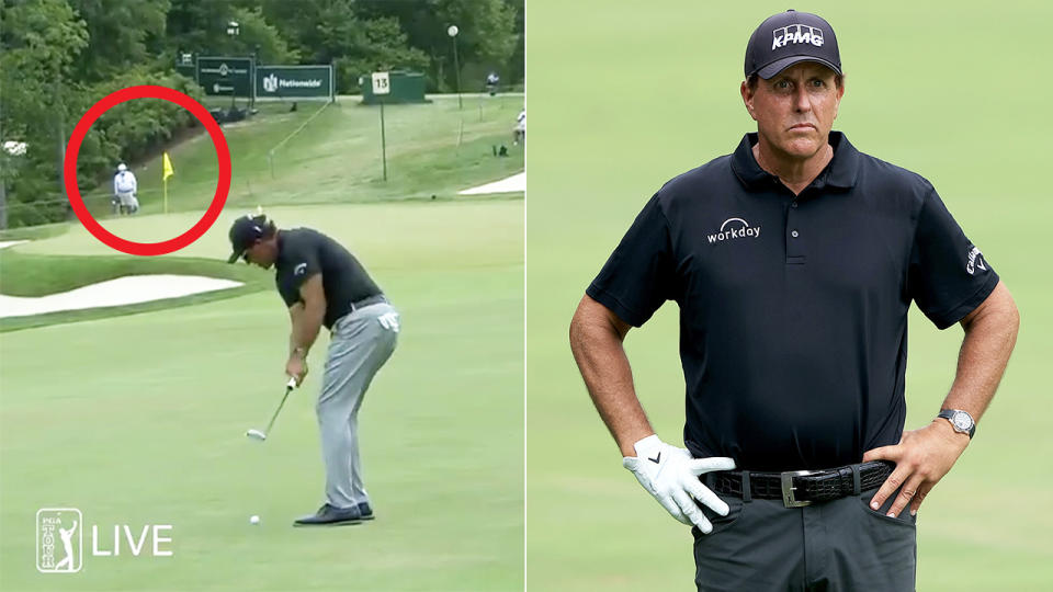 Phil Mickelson (pictured left) attempts a 78-yard putt at the Memorial Tournament and looking confused (pictured right).