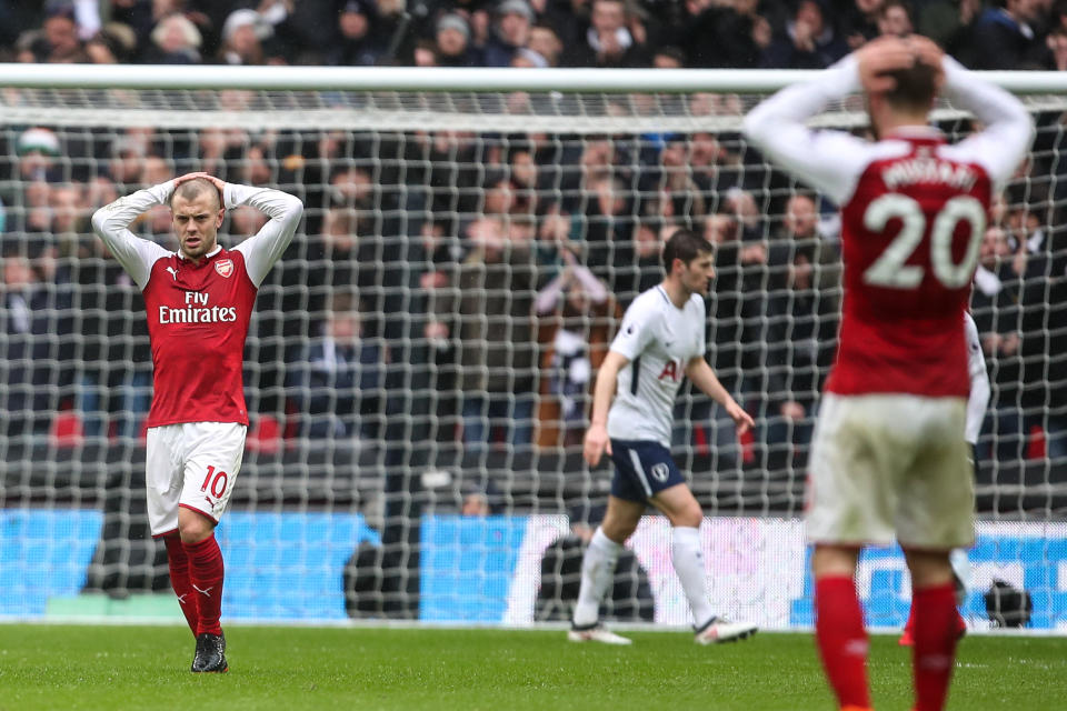 Jack Wilshere of Arsenal reacts during the Premier League match between Tottenham Hotspur and Arsenal at Wembley Stadium