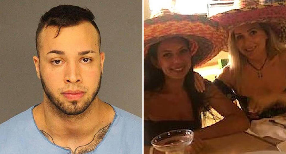 Left is a mugshot of John Menendez. Pictured on the right are Luiza Shinkarevskaya and Anna Shpilberg wearing hats.
