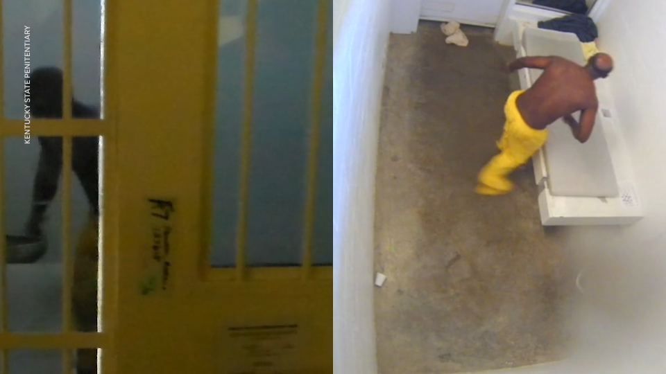 Marcus Penman, a mentally ill prisoner, is seen here in a video still agitated during a mental health crisis. As he slammed his head against a cell door while suffering a mental health episode, not one Kentucky state prison guard tried calming him down. And no mental health care provider was called to deescalate the crisis.