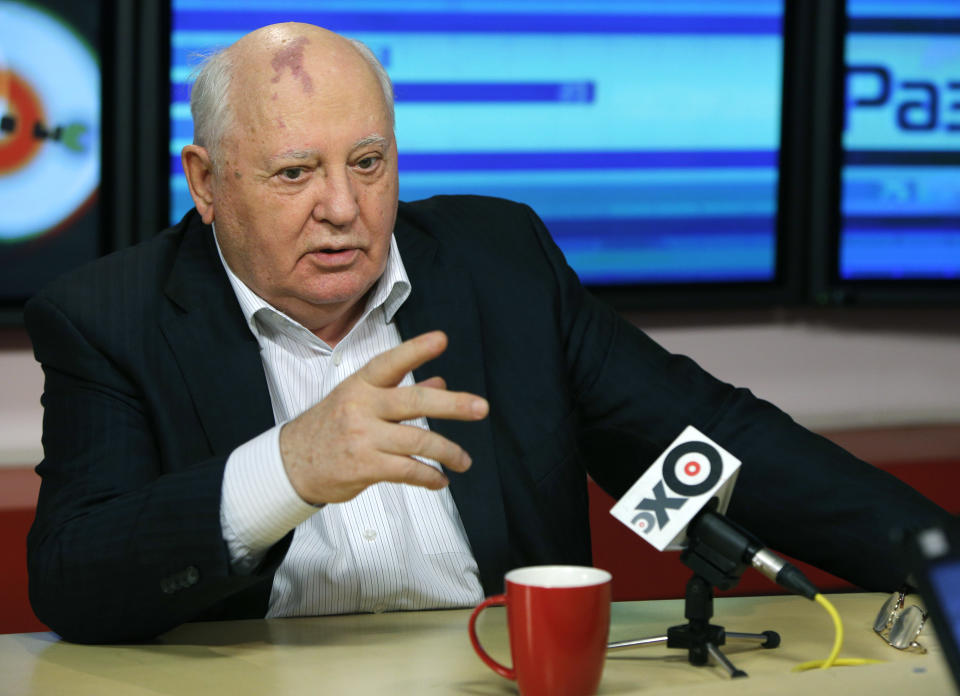In this photo taken late Monday, Nov. 12, 2012, former President of the Soviet Union Mikhail Gorbachev speaks to journalists on Ekho Moskvy radio in Moscow, Russia. Gorbachev has authored a new book of memoirs that comes out Tuesday, Nov. 13, 2012. (AP Photo/Alexander Zemlianichenko)