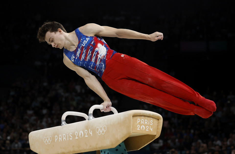 Paris 2024 Olympics - Artistic Gymnastics - Men's Qualification - Subdivision 1 - Bercy Arena, Paris, France - July 27, 2024. Stephen Nedoroscik of United States in action on the pommel horse. REUTERS/Amanda Perobelli