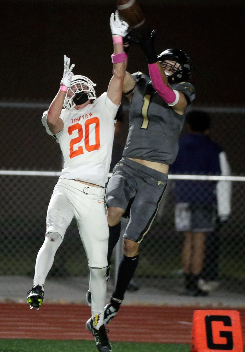 Timpview’s Grady Gregory breaks up a pass intended for Maple Mountain’s Easton Merrell during a varsity football game at Maple Mountain High School in Spanish Fork on Friday, Oct. 6, 2023. Timpview won 42-20. | Kristin Murphy, Deseret News