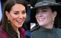 <p>One of Kate’s newest rewears is this ornate pair of earrings: the <a href="https://www.awin1.com/cread.php?awinmid=30299&awinaffid=299513&campaign=&clickref=SK--&clickref2=&clickref3=&clickref4=&clickref5=&clickref6=&ued=https%3A%2F%2Fwww.sezane.com%2Fen%2Fproduct%2Fdina-earrings%2Focean-blue%23size-TU&platform=pl" rel="nofollow noopener" target="_blank" data-ylk="slk:Sezane Dina Earrings;elm:context_link;itc:0" class="link ">Sezane Dina Earrings</a> in Gold Plated With ‘Ocean Blue’ Stones. She first wore them on Christmas Day 2022, and again on April 20 for her and Prince William’s visit to Birmingham. It’s believed they were a Christmas gift from William, but neither have confirmed or denied this.</p>
