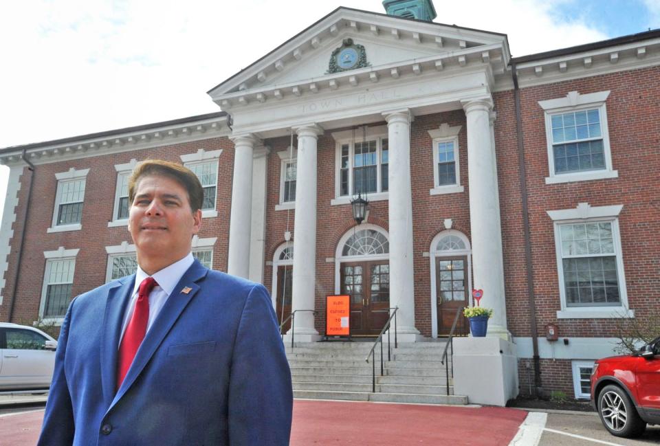 Braintree Mayor Charles Kokoros is pictured in front of Braintree Town Hall, Wednesday, April 8, 2020.