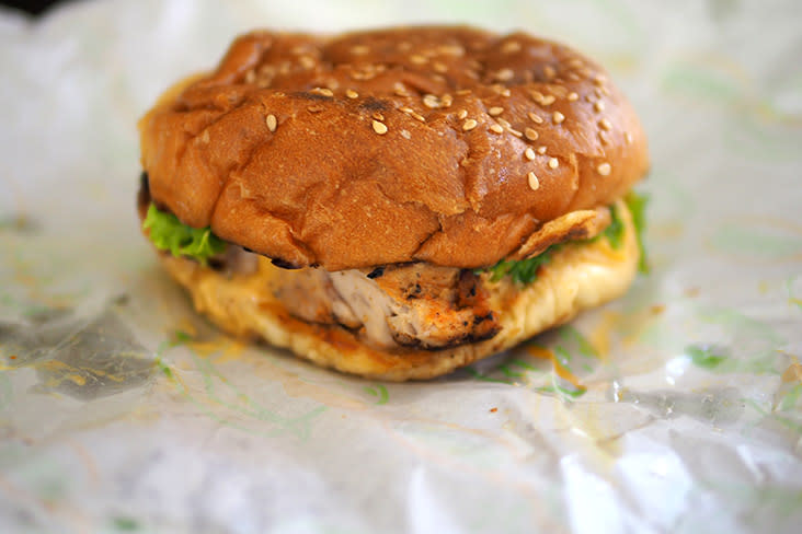 There are two burgers on the menu and this one is a tender, juicy grilled boneless chicken marinated with Cajun spices