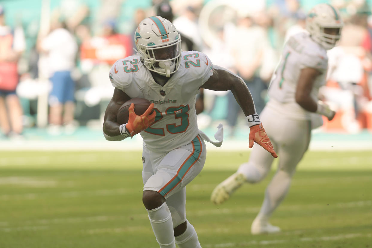 The Miami Dolphins placed running back Jeff Wilson Jr. (23) on injured reserve. (AP Photo/Michael Laughlin)