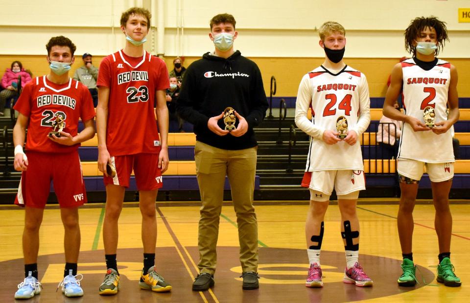 Richfield Springs Indians Tip-Off Tournament MVP Bryce Palmer (left) poses with all-tournament picks Elijah Donegan, his Vernon-Verona-Sherrill teammate, Dylan Hosford from Richfield Springs, and Jacob Jouben and Donovan Nelson from Sauquoit Valley (from left) following Saturday's championship game. Not pictured is all-star Cyller Cimko from Laurens.