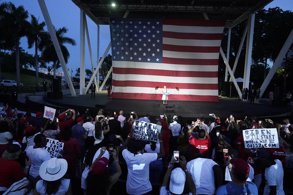 Supporters of President Donald Trump listen to Ivanka Trump speak during a 