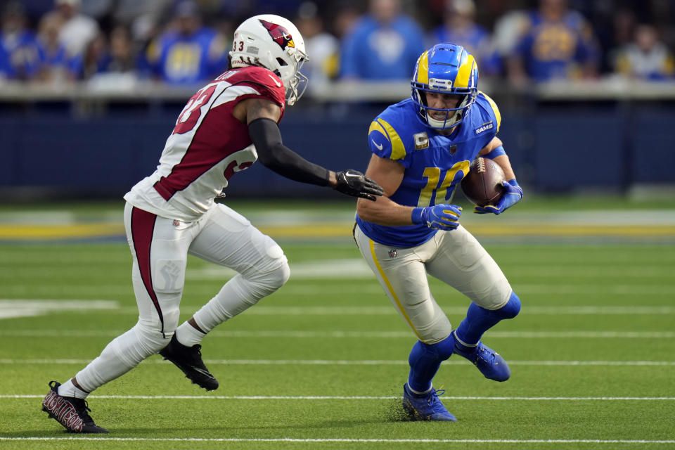 Los Angeles Rams wide receiver Cooper Kupp runs after a catch during the first half of an NFL football game against the Arizona Cardinals Sunday, Nov. 13, 2022, in Inglewood, Calif. (AP Photo/Jae C. Hong)