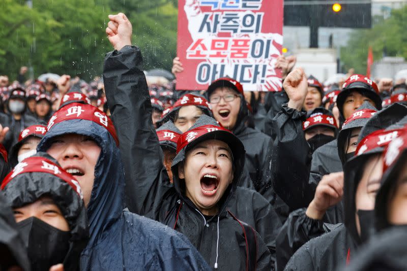 Samsung Electronics Union workers begin a three-day strike, in Hwaseong