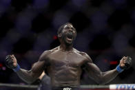 Jared Cannonier reacts after defeating David Branch during the second round of a middleweight mixed martial arts bout at UFC 230, Saturday, Nov. 3, 2018, at Madison Square Garden in New York. (AP Photo/Julio Cortez)