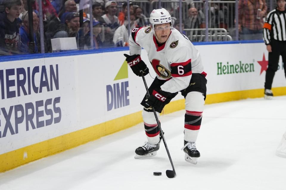 Ottawa Senators’ Jakob Chychrun (6) during the first period of an NHL hockey game against the New York Islanders Thursday, Oct. 26, 2023, in Elmont, N.Y. (AP Photo/Frank Franklin II)