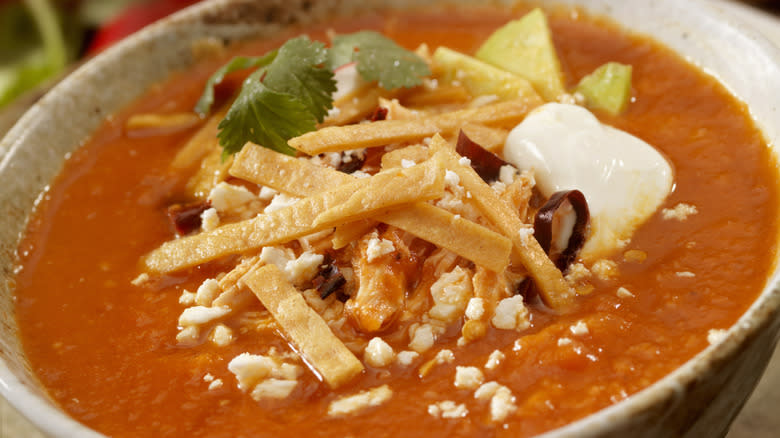 Overhead photo of a bowl of tortilla soup