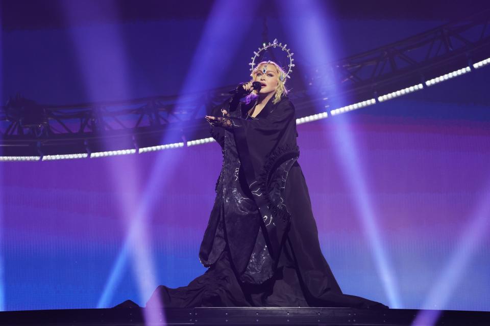 adonna performs during opening night of The Celebration Tour at The O2 Arena on October 14, 2023 in London, England.